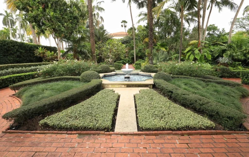 Elegant formal garden with geometric angles and curved raised beds